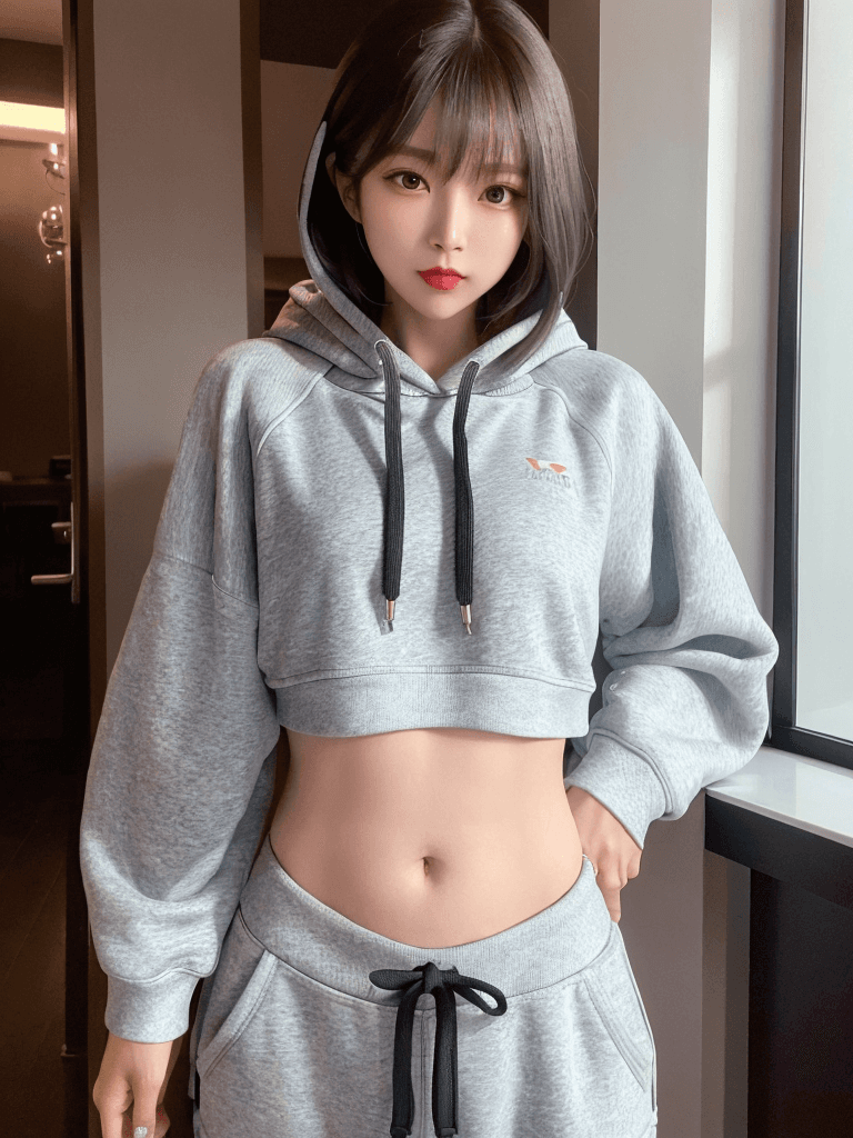 AI generated: 1 girl, beautiful Korean girl, (Cute Loose Bob hair), (wearing a cropped hoodie, capri sweatpants, h...