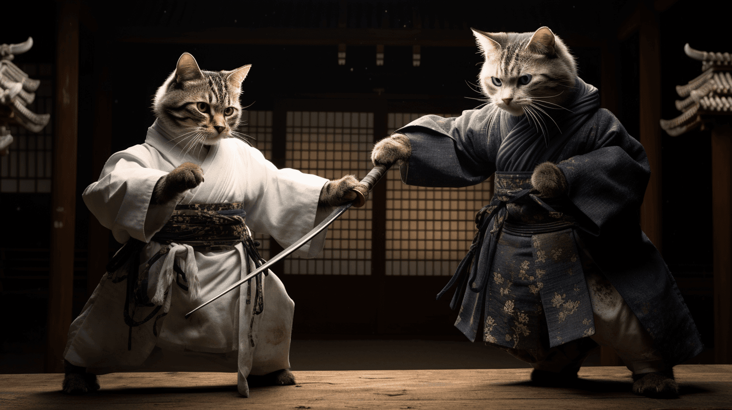AI generated: two cats as the samurai, performing a duel, acting like humans, Akira Kurosawa movies style, photore...