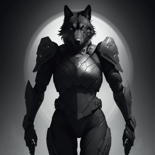 AI generated: Agile black wolf soldier character, anthropomorphic figure, wearing futuristic soldier armor and wea...