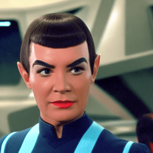 AI generated: A Vulcan in the Star Trek tradition with pointed ears and Star Trek Uniform