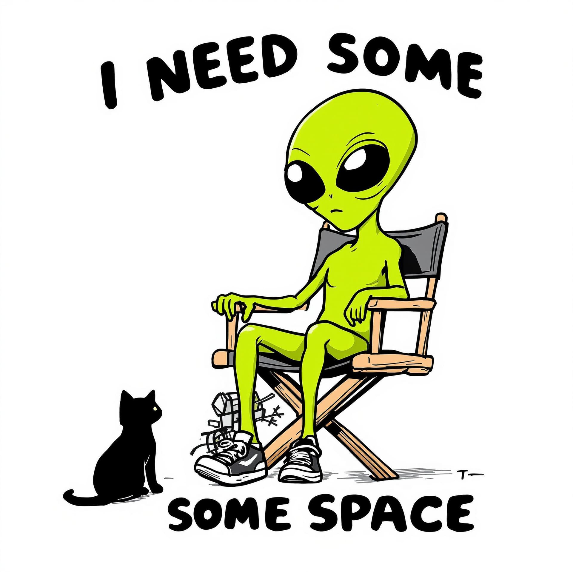 AI generated: A cartoon alien, lime green in color, sits in a director's chair.  The alien's expression is pensive...