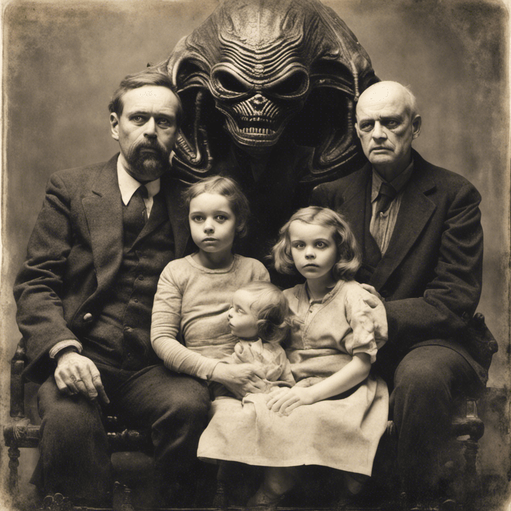AI generated: daguerotype photo, family, with alien monster, style: Murnau