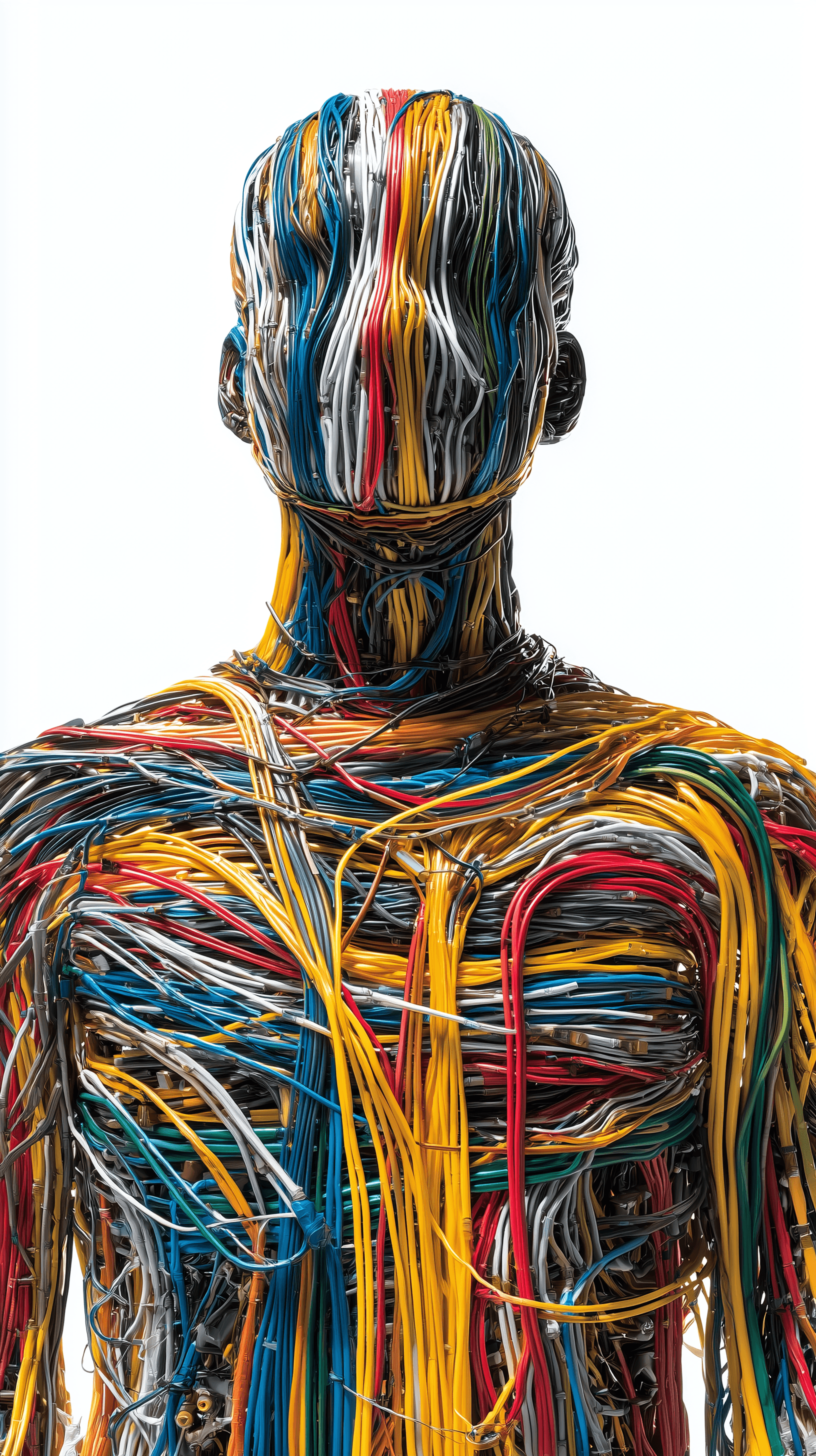 AI generated: surrealistic, front shot, human figure, colorful cable representation with profound complexity, whit...