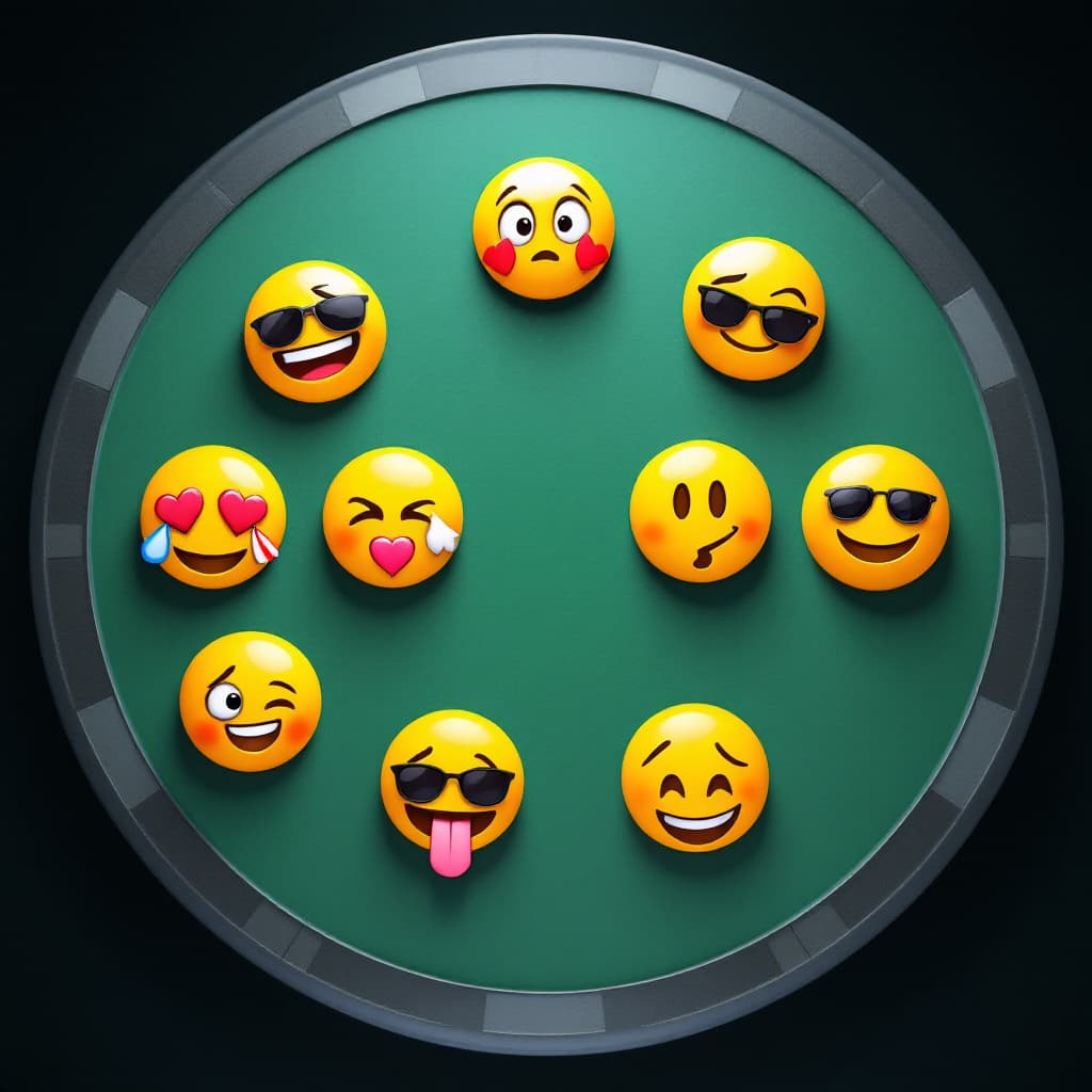 AI generated: table layout of eight unique and realistic poker emojis, highly detailed, 8k, octane render