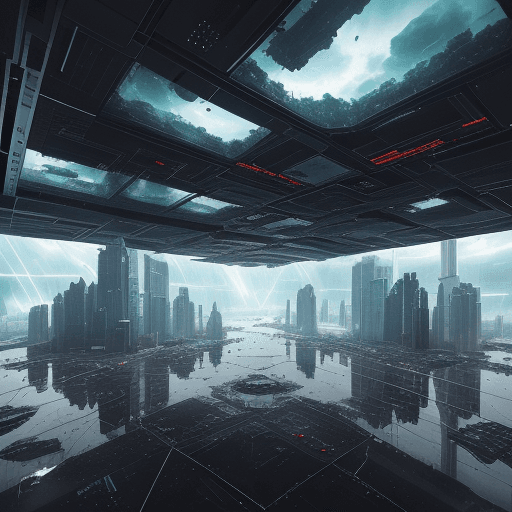 AI generated: force perspective, floor of a cyberpunk spaceship, raindrops, distant thunderstorm, looking into out...