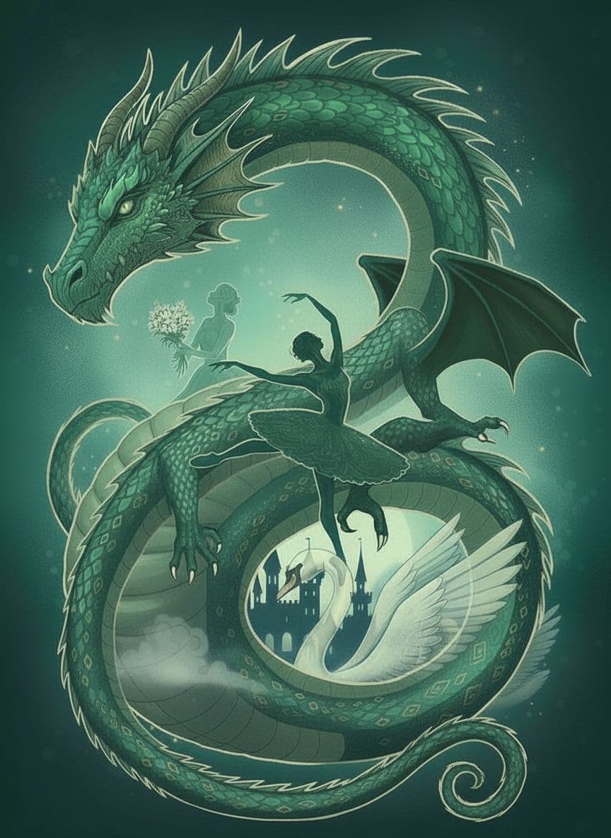 AI generated: save all of the image- style, ballerinas, castle, swan, moon, colors and everything, dragon tail not...