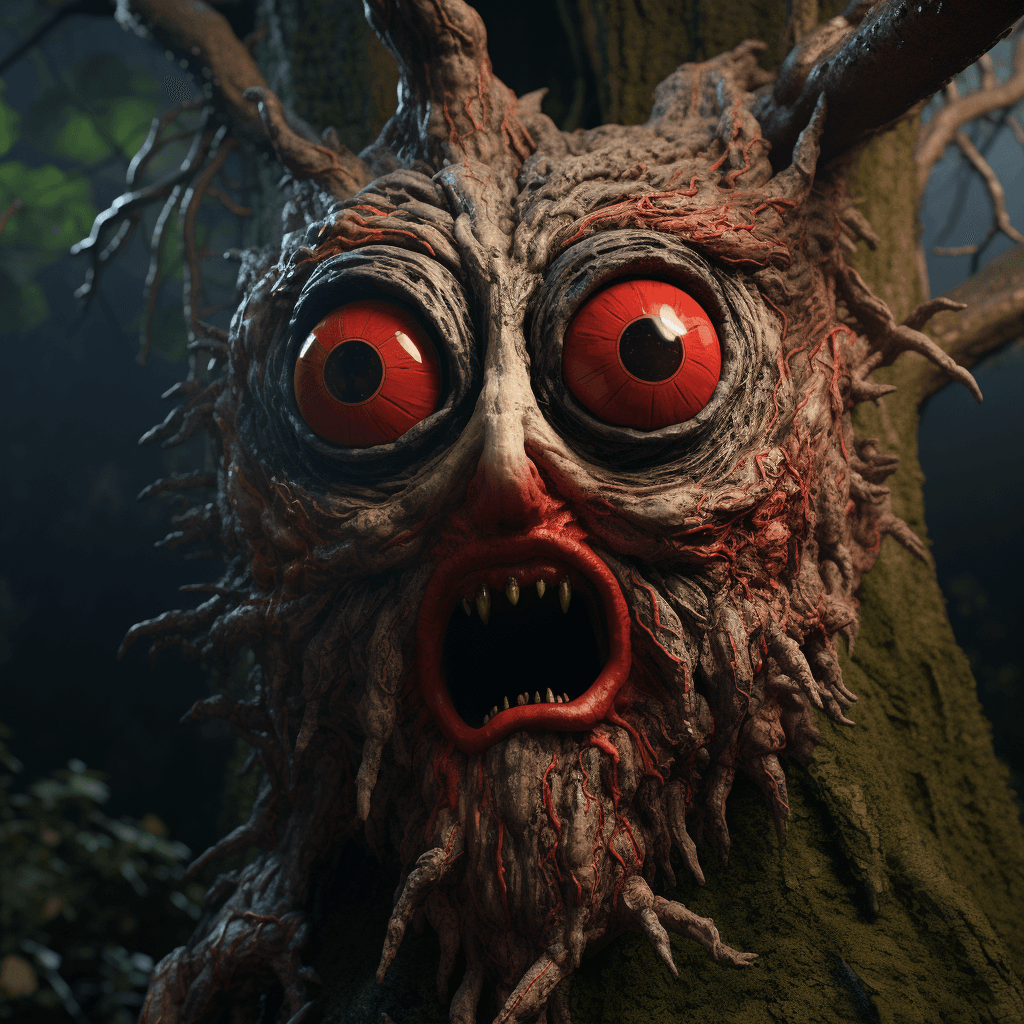 AI generated: a scary looking wood creature with a red eye, in the style of filip hodas, daz3d, sandy skoglund, na...