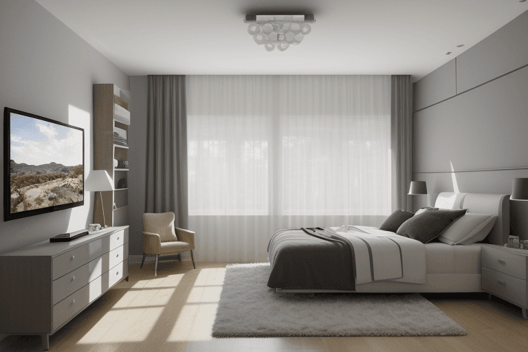 AI generated: interior design, modern bedroom, bedroom, modern, window, wide angle, wideangle, photo, photorealist...