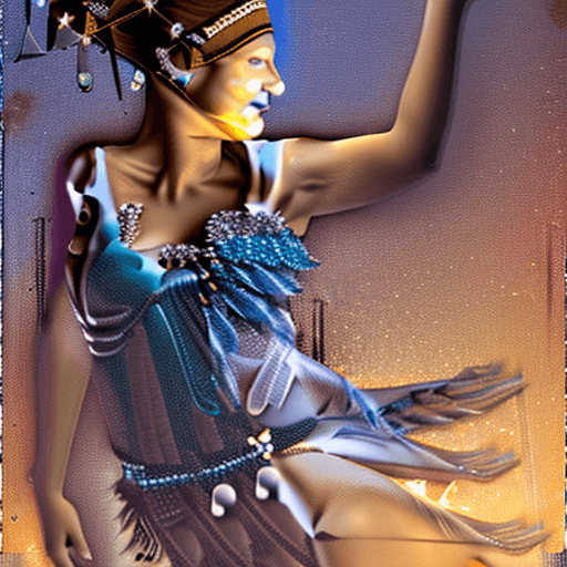 AI generated: dancer with feathers and jewelry at night on the beach by the fire in the style of magali villeneuve...