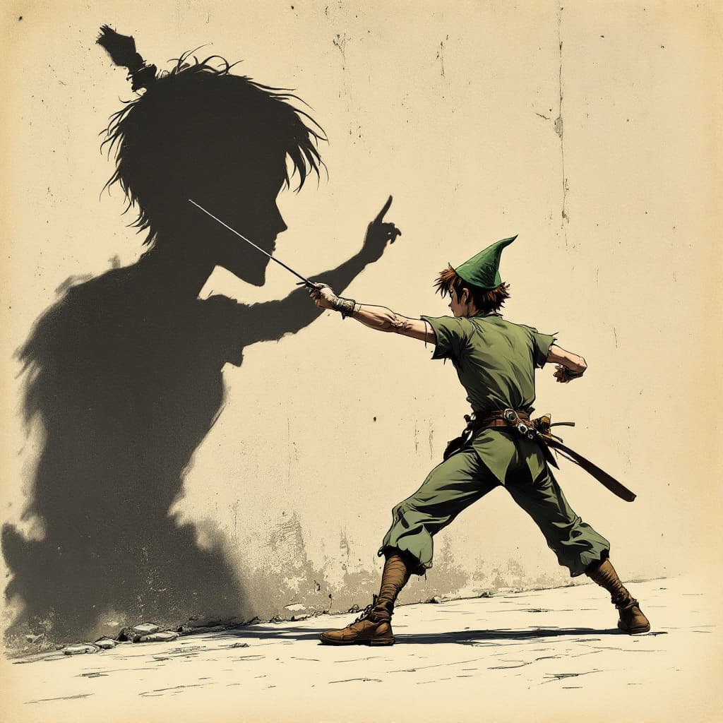 AI generated: Photorealistic  full body shot of peter pan fencing with his shadow against a wall, and  it is taunt...