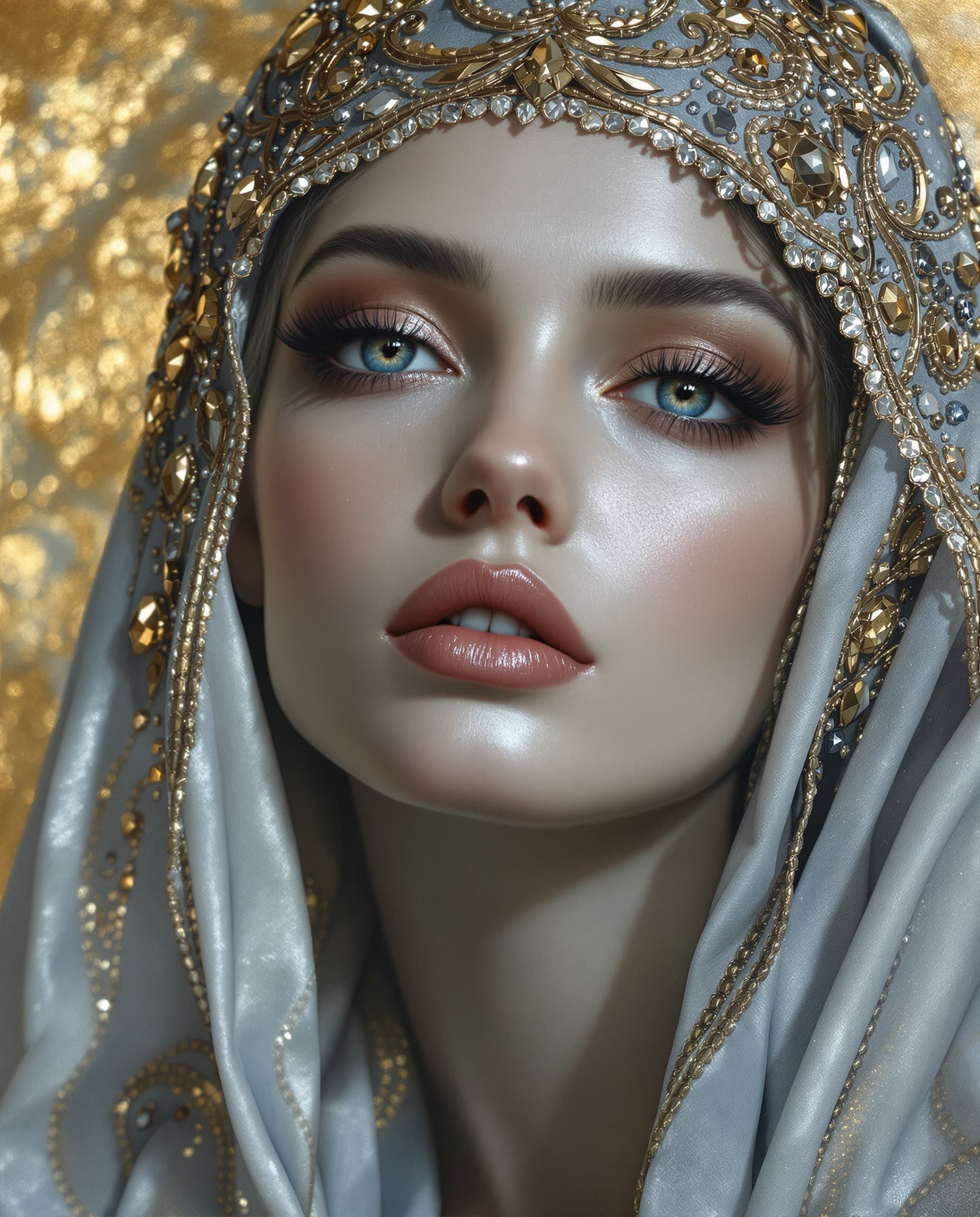 AI generated: A close-up impasto oil painting in high relief of a serene woman with luminous skin and intense eyes...