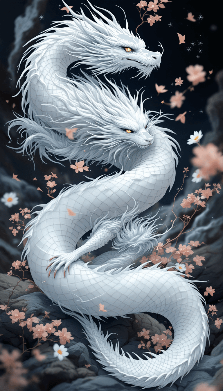 AI generated: Create a single whimsical illustration depicting the beautiful body of a white dragon, similar to a ...