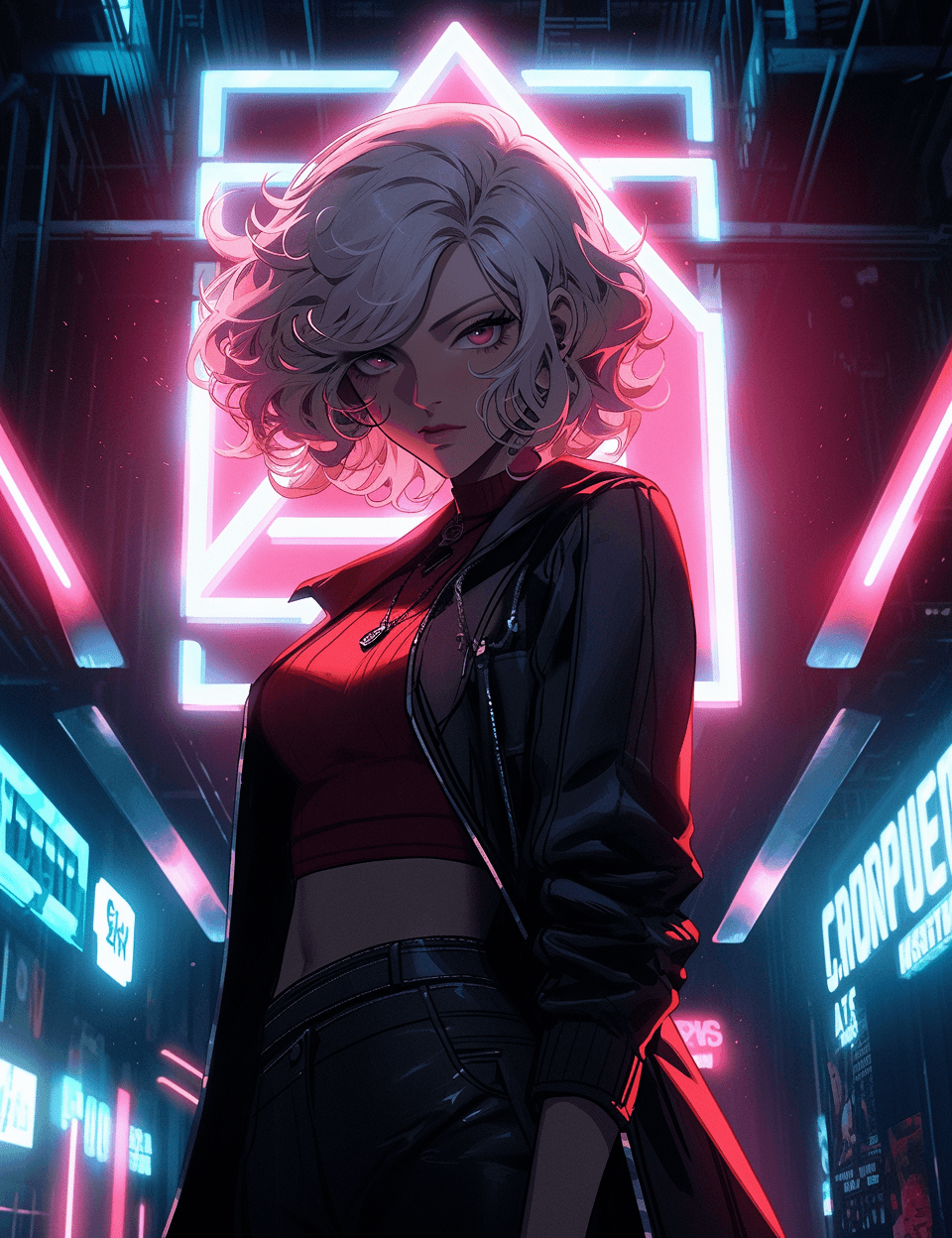 AI generated: a woman standing in front of a neon sign, in the style of hyper-realistic sci-fi, steelpunk, candid ...