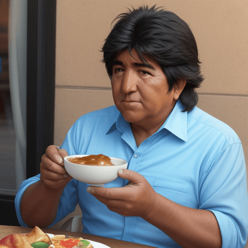 AI generated: evo morales imagen realista 4k comiendo una sopita de mani en las calles de New york mirando de fren...