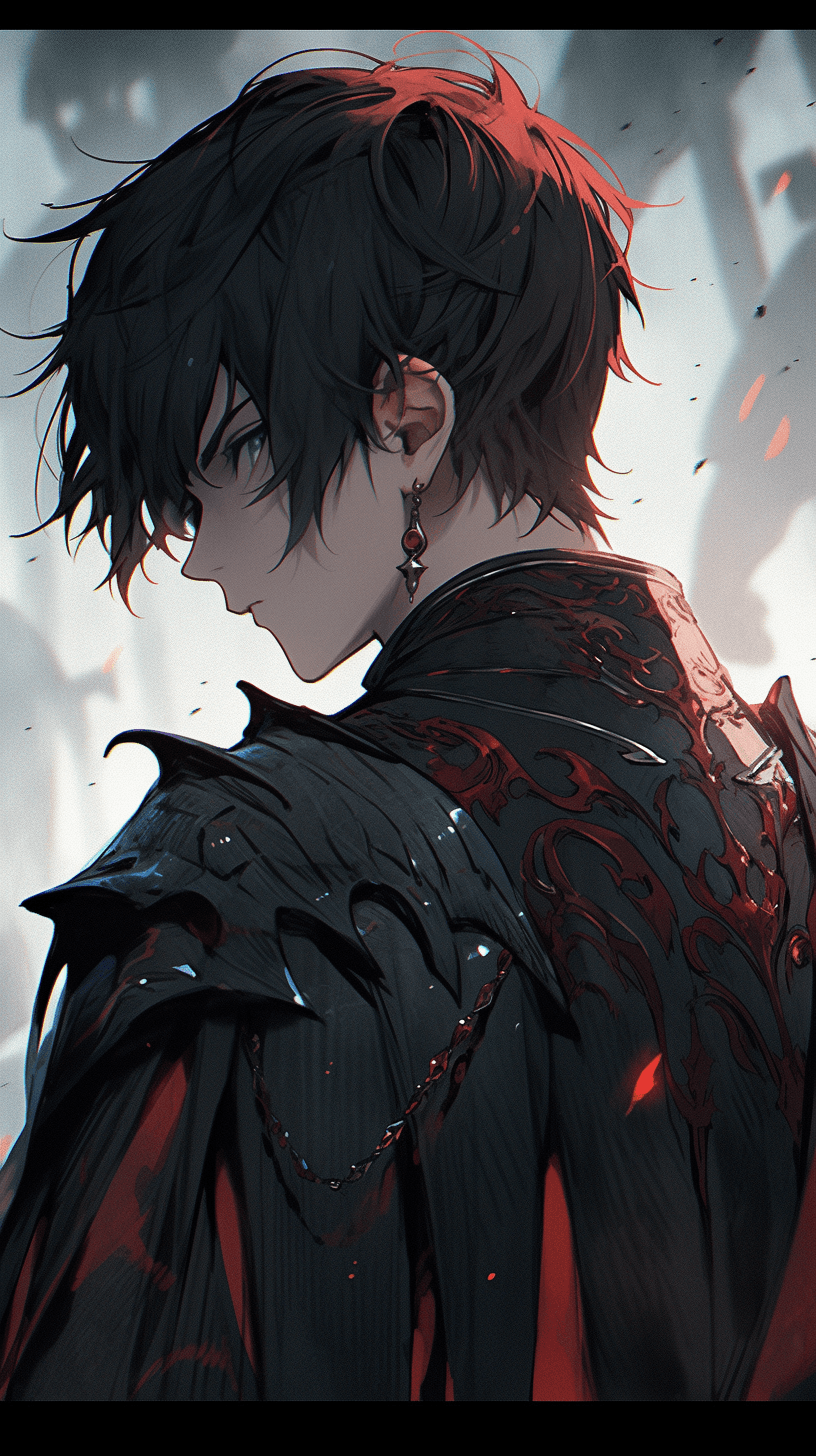 AI generated: pfp, profile background, anime boy, character, fantasy, medieval, looking from behind at viewer, beh...