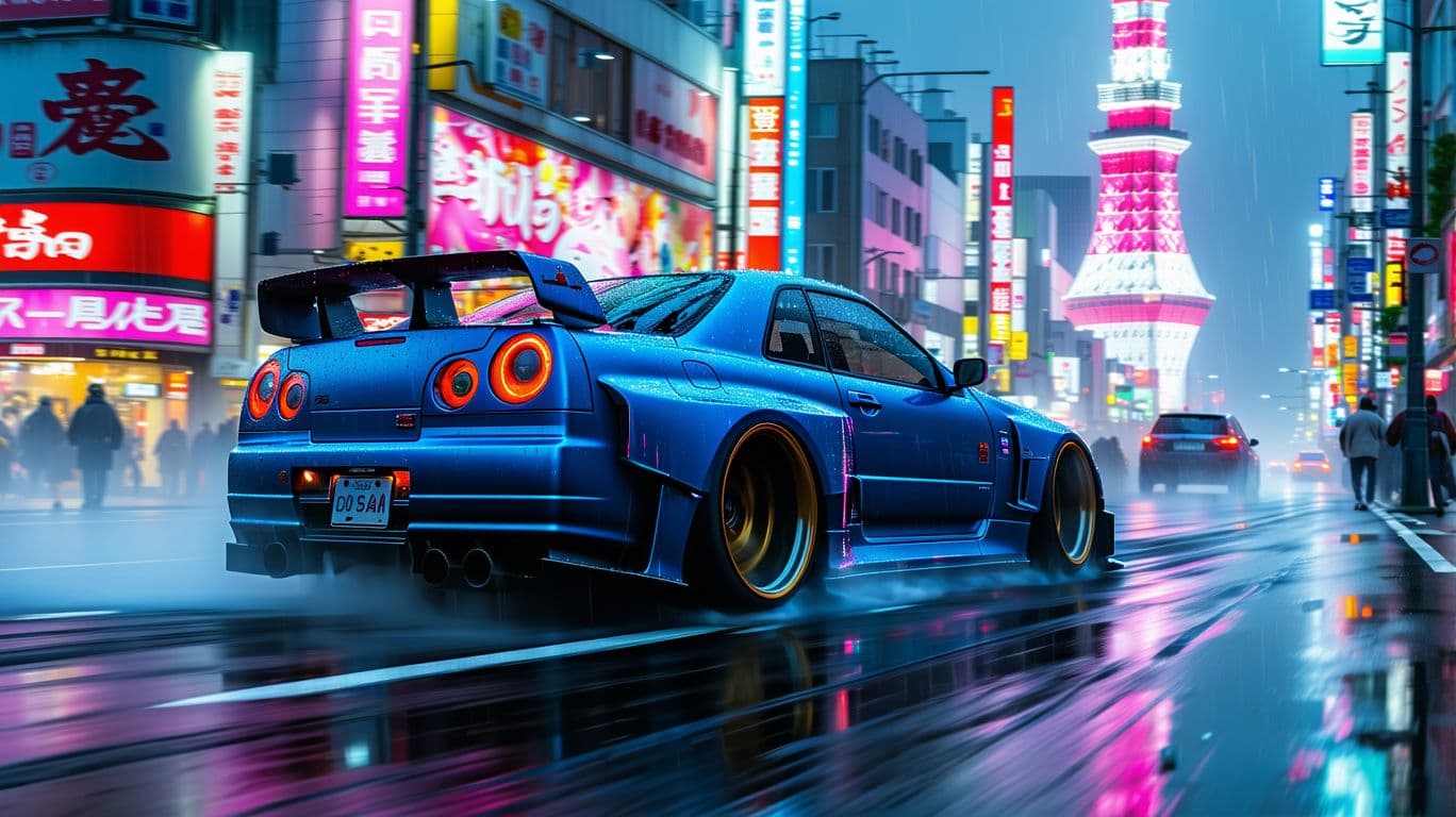 AI generated: A sleek modified Nissan Skyline GTR R34 in night blue with aggressive body kit and neon underglow sp...