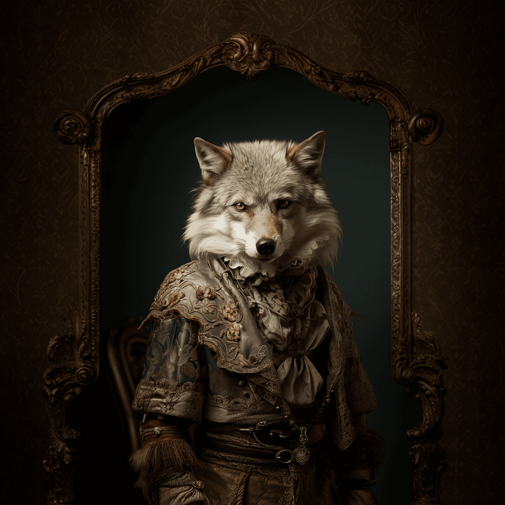 AI generated: Fashion photography, anthropomorphic [animal] photo, 1900s renaissance clothing, fantasy, insanely d...