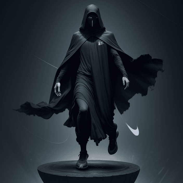 AI generated: levitating dark cloaked figure with Nike swoosh on cloak opening the void to infinity by Craig Mulli...
