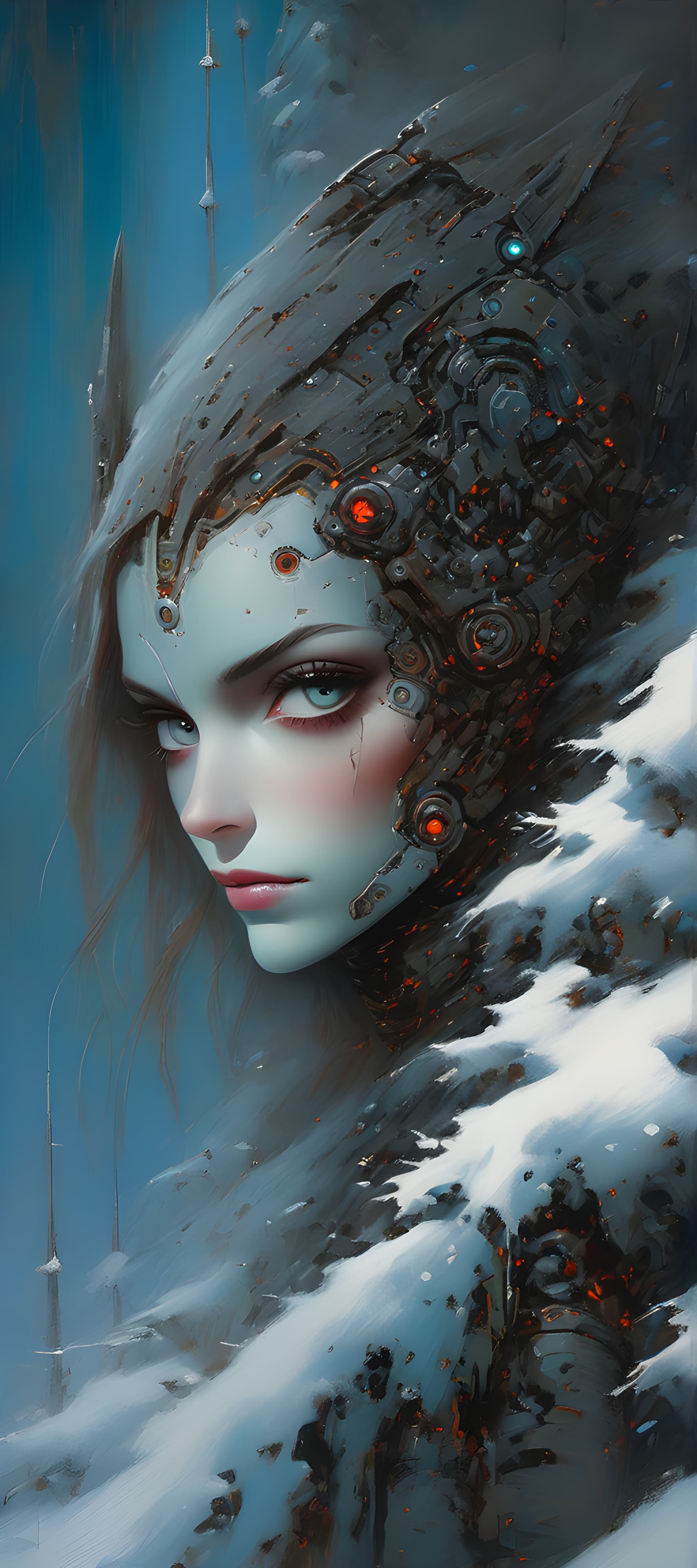 AI generated: Portrait by Gustave Moreau, Thomas Kinkade, James Gurney, Frank Frazetta. Robo cyber woman oil paint...