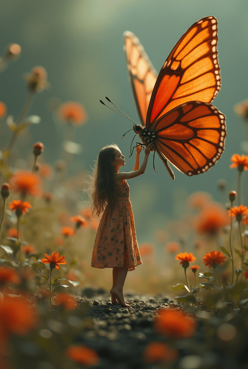 AI generated: very little girl in a macro world,giant butterfly in the background,giant flowers