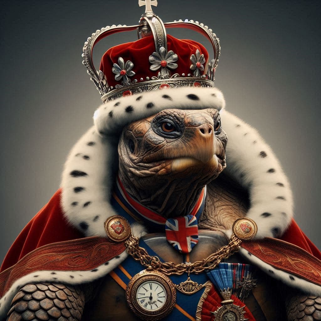 AI generated: A photorealisitic professional photograph of an anthropomorphic tortoise King of England