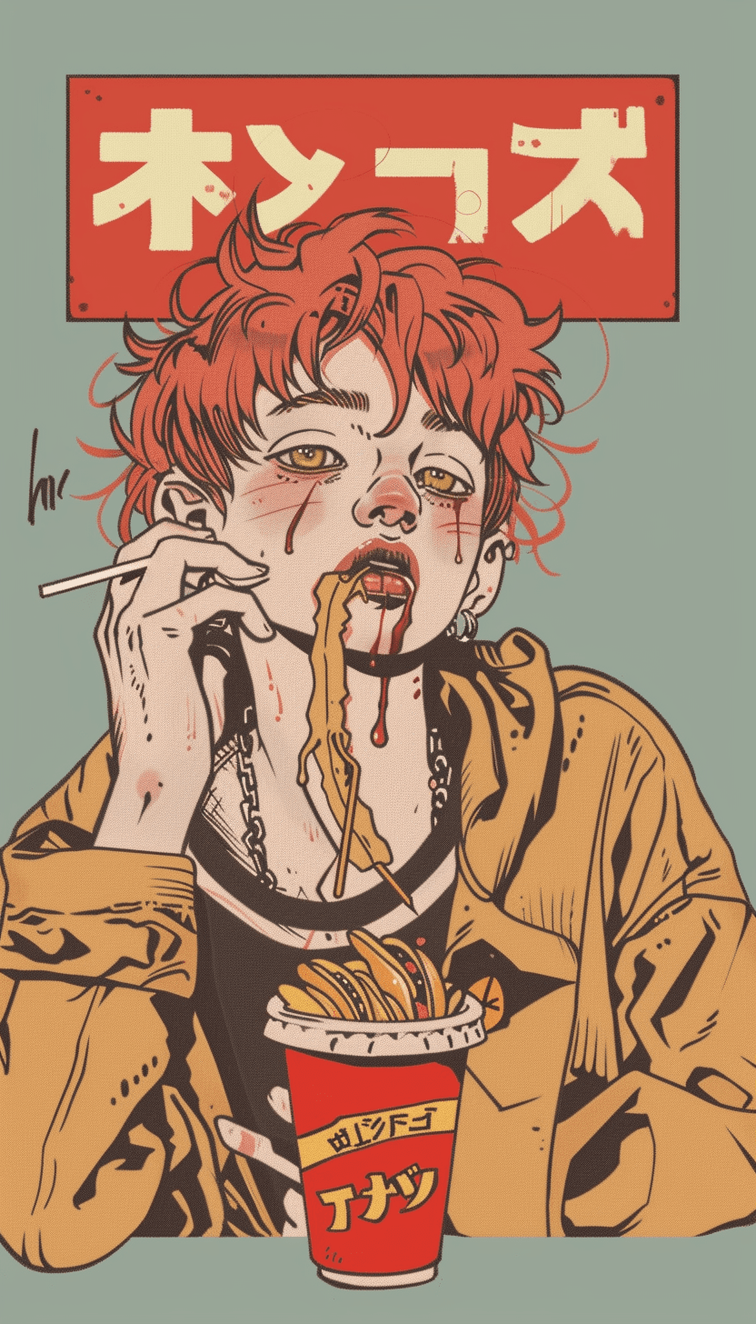 AI generated: fast food ad, billboard sign, 90s, anime, japanese pop, japanese words, in the style of Jamie Hewlet...