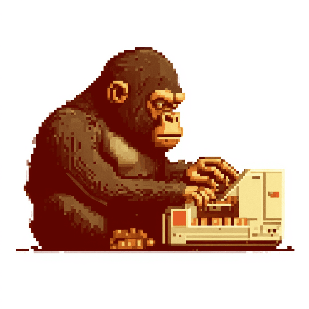 AI generated: the gorilla's left hand fully elevated as if it were typing on the keyboard while keeping everything...