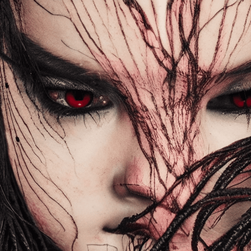 AI generated: Demon horror Sad girl with black ropes in her eyes, black ropes coming out from her eyes
