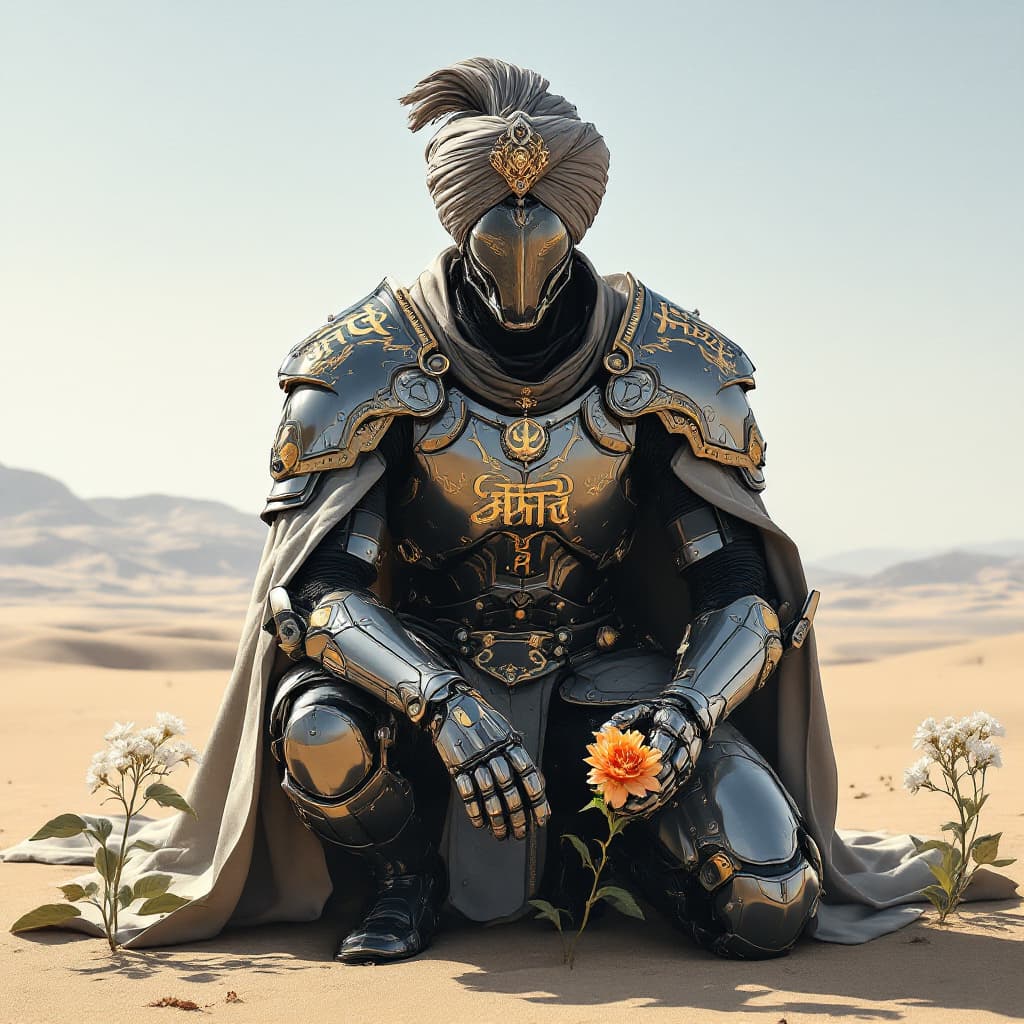 AI generated: 1800s a sikh king, wearing turban and Japanese mecha exoskeleton gundam suit warhammer; long heavy c...