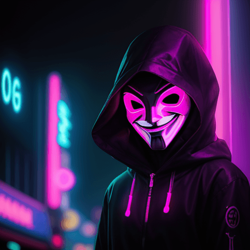 AI generated: Mysterious person, anonymous mask fuchsia glowing eyes and smile, foggy , background a large cyan fa...