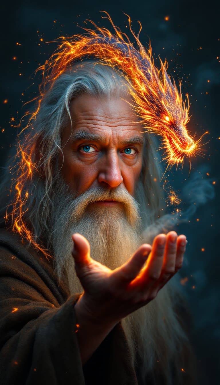 AI generated: A close-up, cinematic painting of Gandalf the Grey, captured from the chest up with a focused, intim...