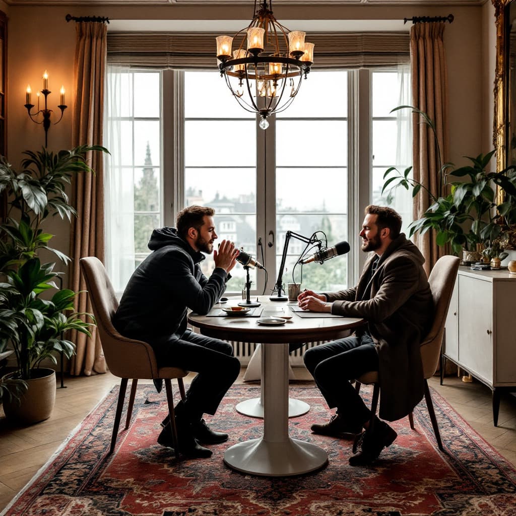 AI generated: A very lavish 2 person podcast set up one male onthe  same table both characters front facing the ca...