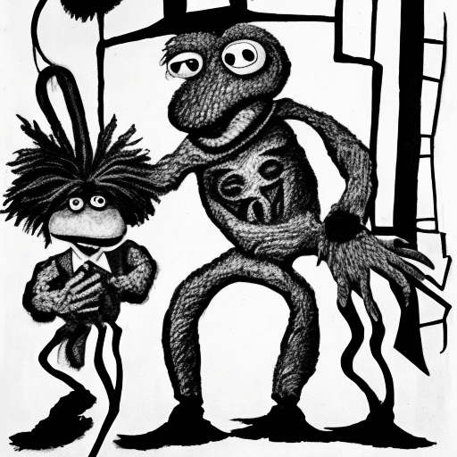 AI generated: Black & white line drawing of confusing surrealist muppet nightmare.