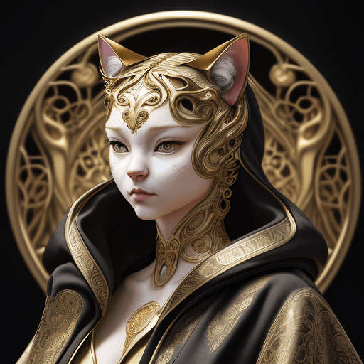 AI generated: hyper realism, beautiful, photo realistic, detailed, art nouveau, cat head humanoid body, wearing a ...