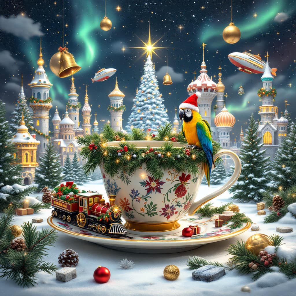AI generated: A surreal Christmas scene: in the center, a giant tea mug sits on a saucer decorated with Christmas ...