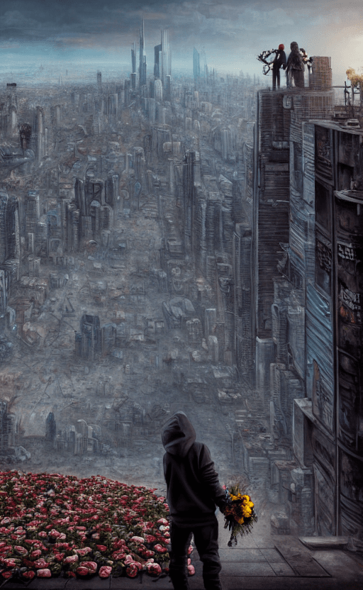 AI generated: post-apocalyptic panoramic cityscape with a man in a hoodie holding a bouquet of roses in one hand o...