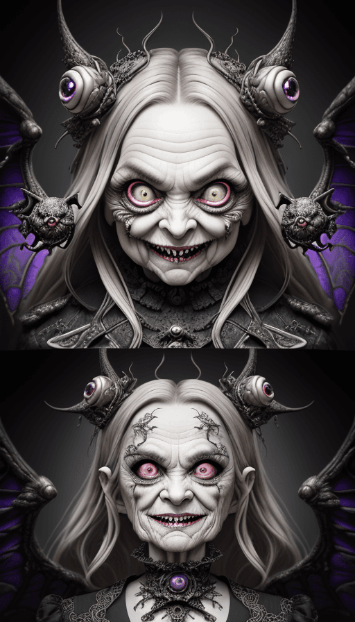 AI generated: Very old madness grandma with evil smile, mad sky hallucination by Mundford, baroque maximalist, chi...