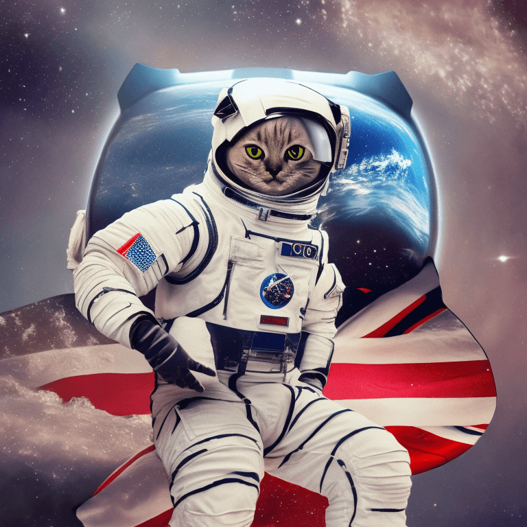 AI generated: Ralistic, ((Masterpiece, best quality)), cute cat in astronaut suite space, England flag, Ultra-High...