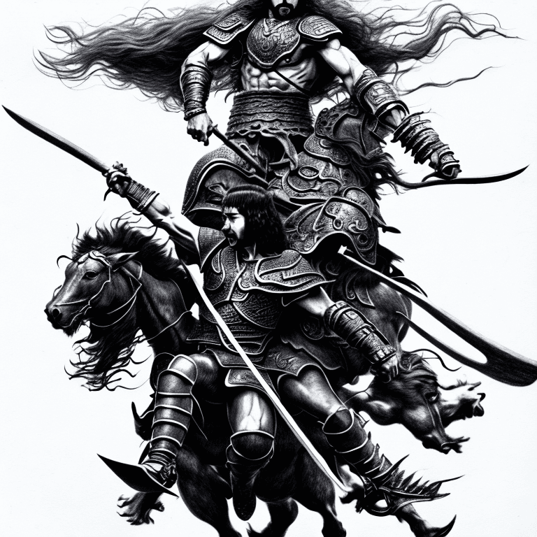 AI generated: Drawing of Shia Labeouf, riding on a horse, Berserk style, black and white, highly detailed, conan t...