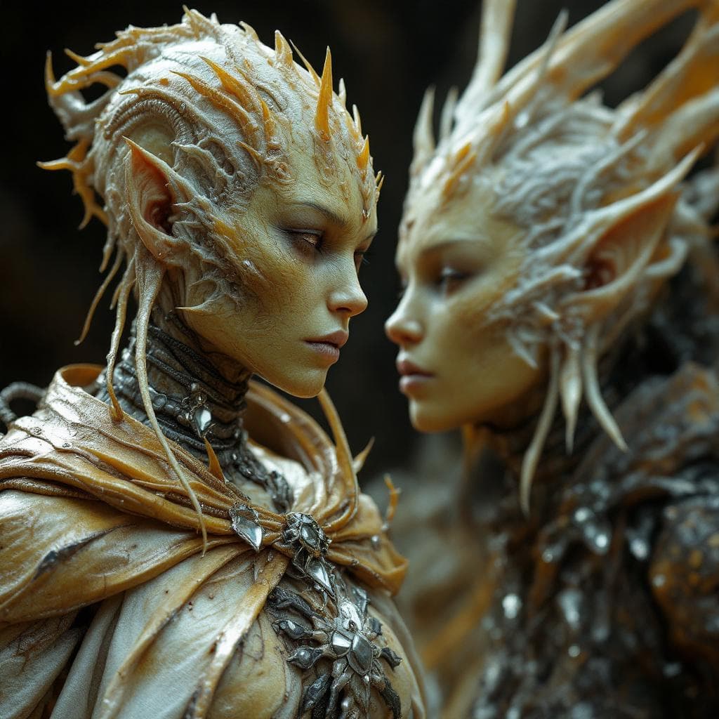 AI generated: Create unique, fleshly, organic, human-like species, Male and Female, that match this description. S...