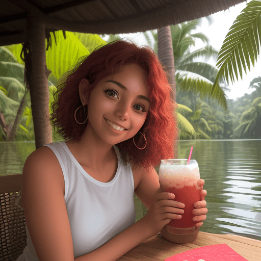 AI generated: una chica muy sana y muy realista , sonriendo, morena con el pelo rizado, que esta bebiendo en un va...
