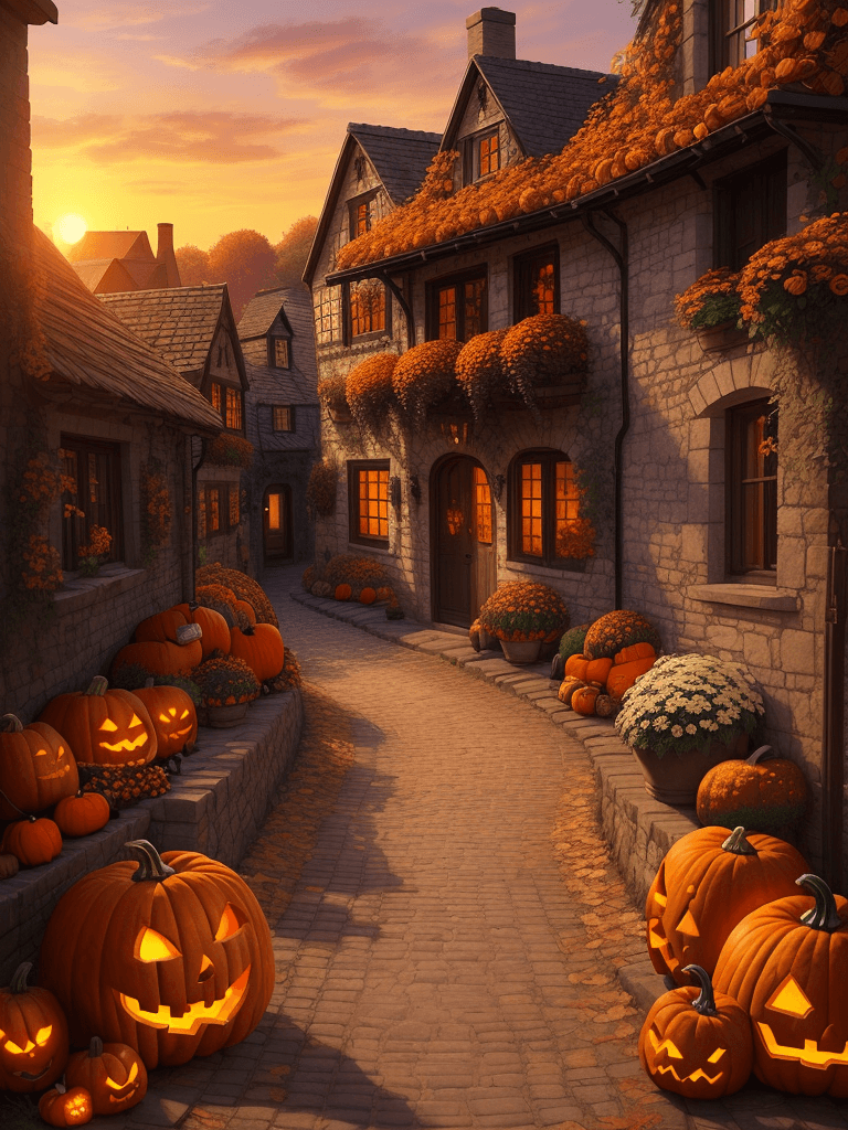 AI generated: pumpkins, autumn sunset in the old village, cobblestone houses, streets, plants, flowers, entrance, ...