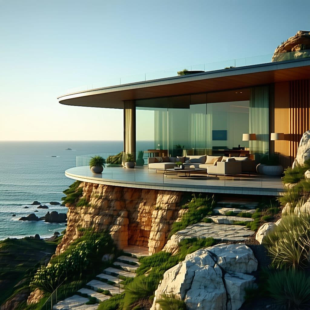 AI generated: Hyper realistic eye level exterior photo of a mid century modern style house overlooking the ocean, ...