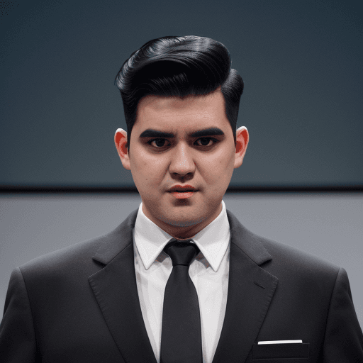 AI generated: photo of a half-bodied man wearing a jacket and tie facing the audience, black hair with a bit of wh...