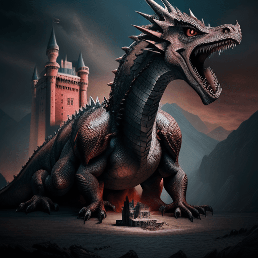 AI generated: Balerion dragon with castle :: Game of thrones, George R.R. Martin, ultra-wide shot, photorealistic,...