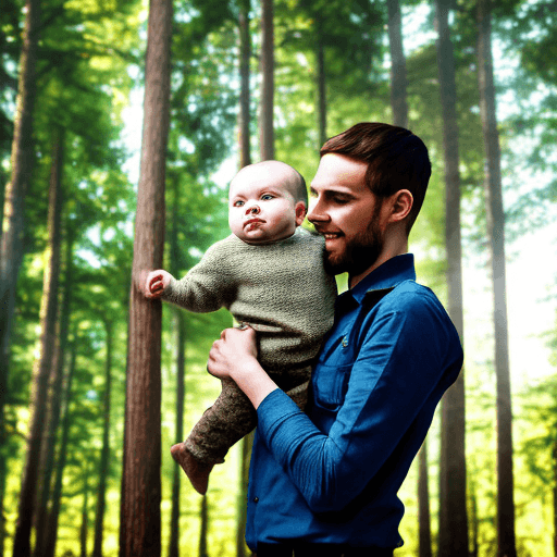 AI generated: a man holding a baby in the deep forest