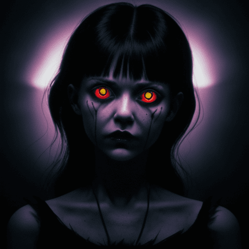 AI generated: village of the damned, girl with spooky glowing eyes closeup, 80s movie style