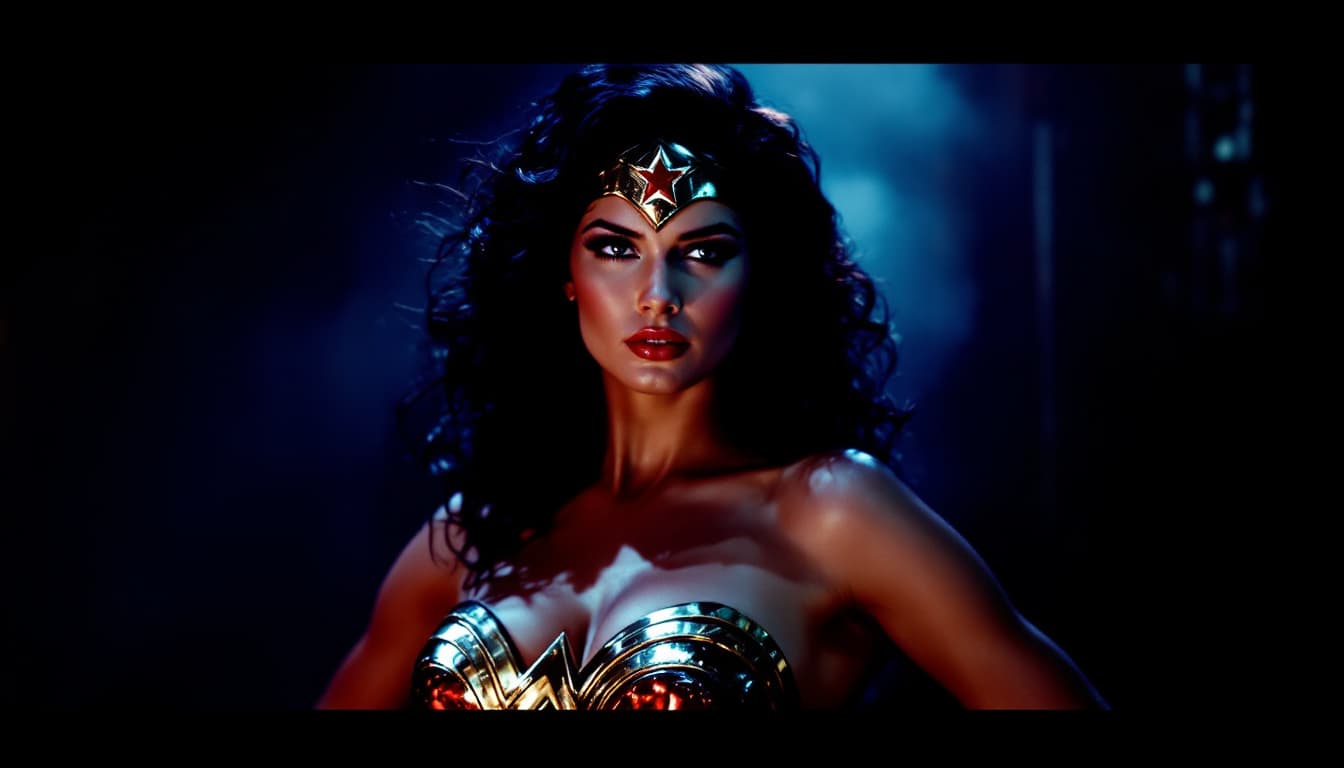 AI generated: 1980's Wonder Woman costume, woman resembling Lynda Carter, striking a heroic pose, dark room ambian...
