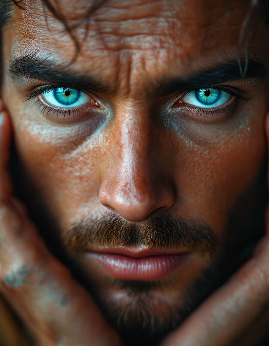 AI generated: Hyper realistic cinemtic closup  scene of male  pair voilet blue  eyes, intense gaze,  altra realist...