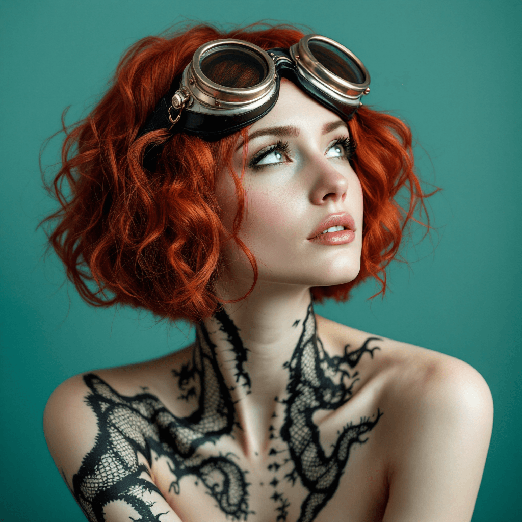 AI generated: A woman with wavy red medusa hair in a voluminous bob, wearing vintage leather goggles on her head, ...